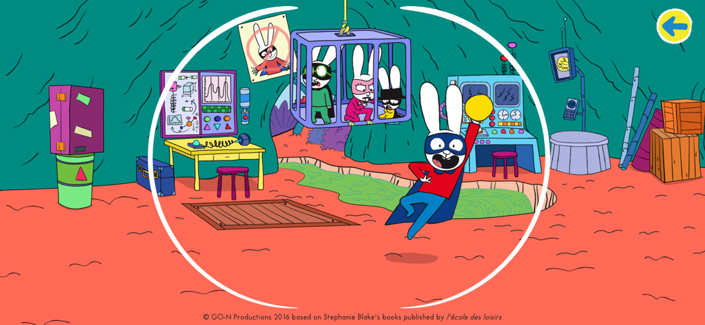 Simon Super Rabbit Vs Pr. Wolf - 研究所ミッションで、スーパーサイモン・ラビットが檻の中にいる友達を救出する様子