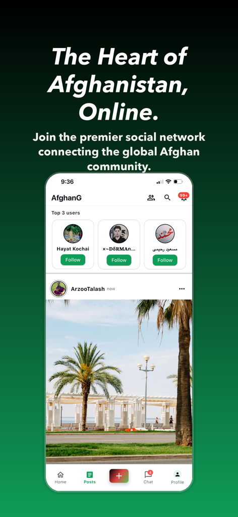 AfghanG: Digital Afghanistan - AfghanG app home screen showing social feed posts and top user profiles for the Afghan community