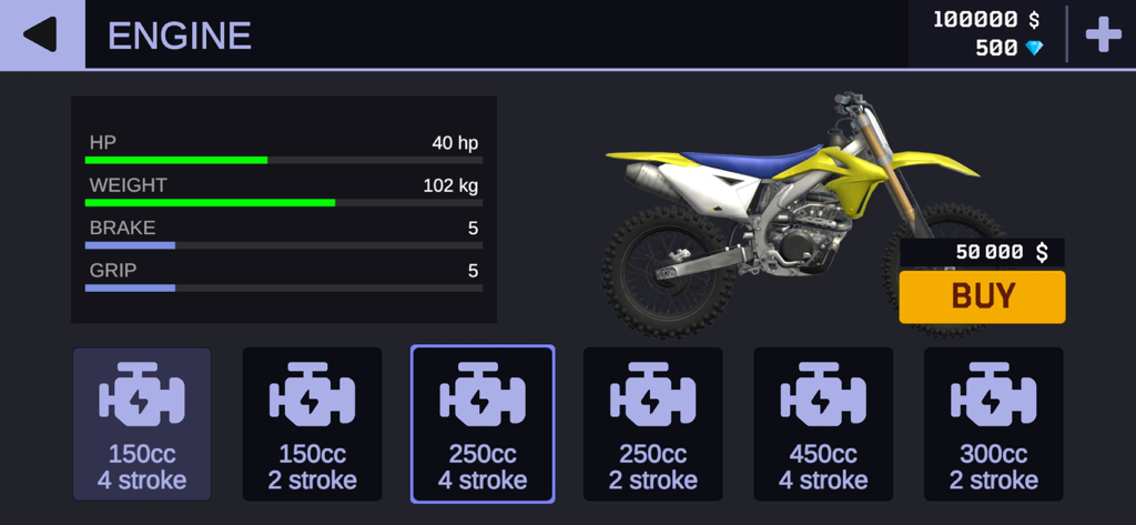 MX Engines - MX Engines game screen showing dirt bike engine customization options and technical specifications