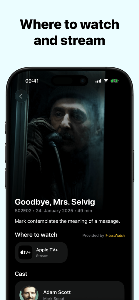 TV Show Tracker – CouchTimes - Interfaz de la aplicación CouchTimes mostrando dónde ver un episodio de una serie de televisión en Apple TV plus con información del elenco.