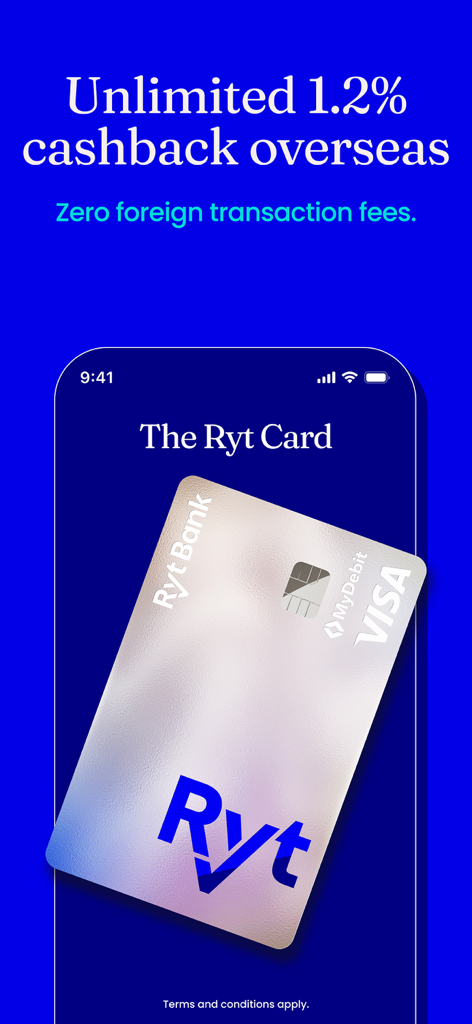 Eine silberne Ryt Bank Visa-Debitkarte mit 1,2 Prozent unbegrenztem Cashback bei Auslandsausgaben und null Gebühren für Auslandstransaktionen.