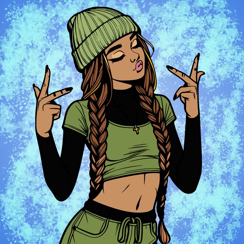 realistic teenage girl with braids and a beanie and crop top doing 🫶🏼