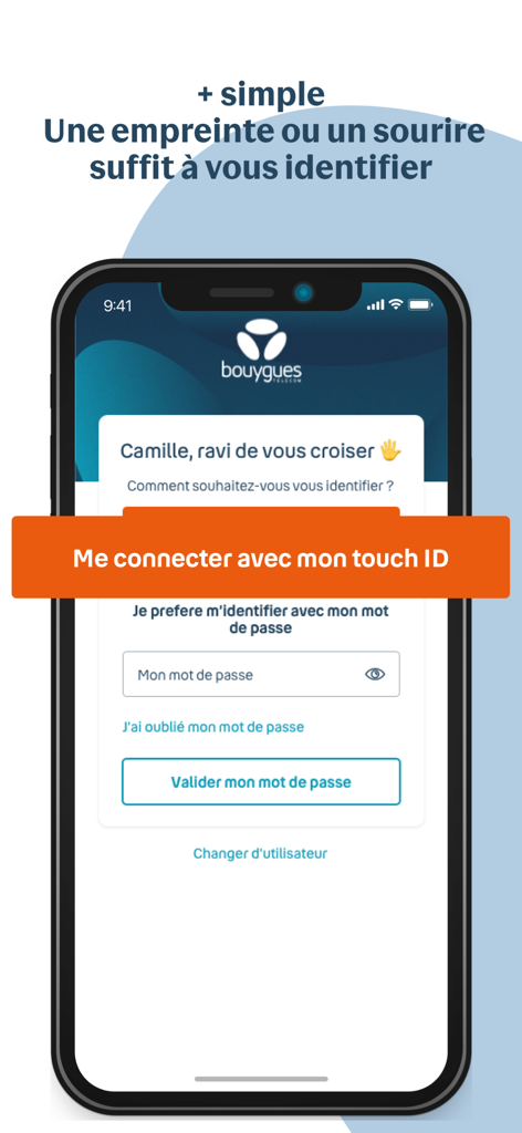 Bouygues Telecom - Anmeldeoberfläche der Bouygues Telecom-App mit Touch ID-Option für Biometrie