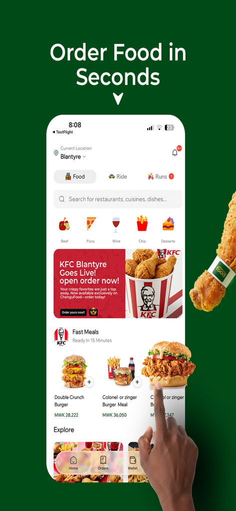 Changu Food mobile app interface showing food delivery options and fast meal categories