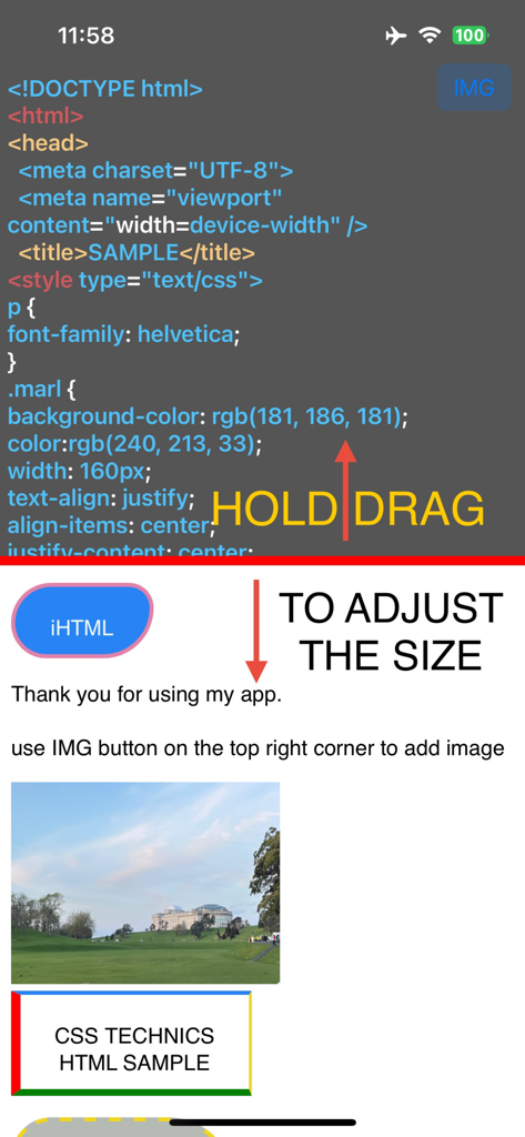 iHTML Compiler - Interface of iHTML Compiler app showing a code editor and live preview separated by an adjustable splitter.