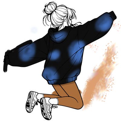 realistic girl jumping with a bun and oversized sweatshirt