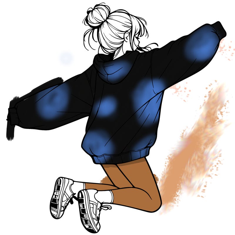 realistic girl jumping with a bun and oversized sweatshirt
