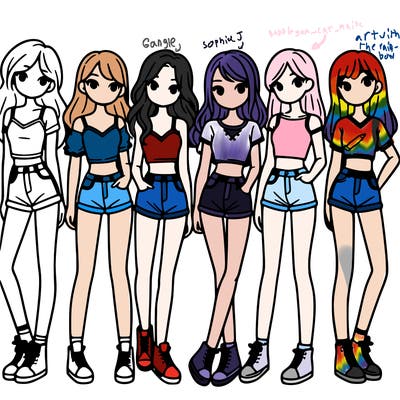 a group of girls wearing crop tops and shorts
