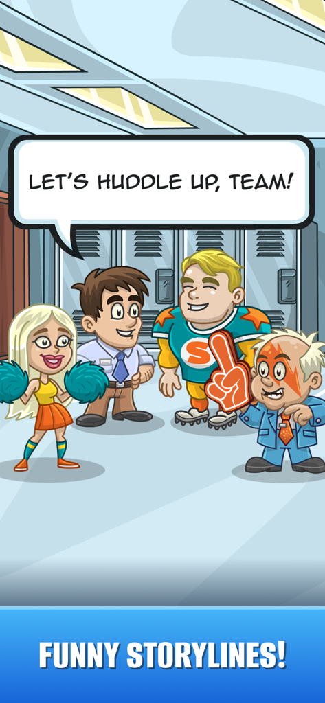 Cartoon characters in a locker room huddle for funny storylines.