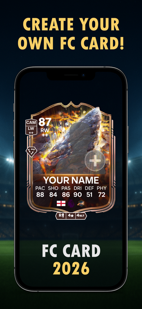 FC Card Creator - Tela do aplicativo FC Card Creator apresentando um card de futebol personalizável com estatísticas e espaço para foto