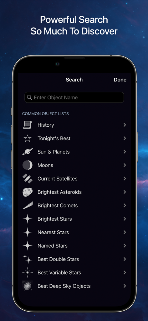 Interface of the SkySafari 7 Plus app showing search categories for stars planets and deep sky objects