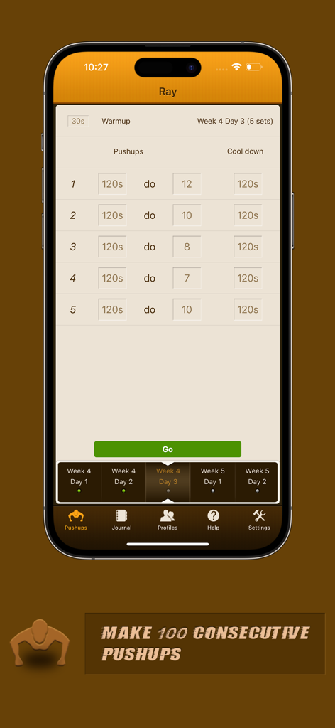 Pushups Coach Pro - Training interface of Pushups Coach Pro app showing a structured workout plan for reaching 100 pushups