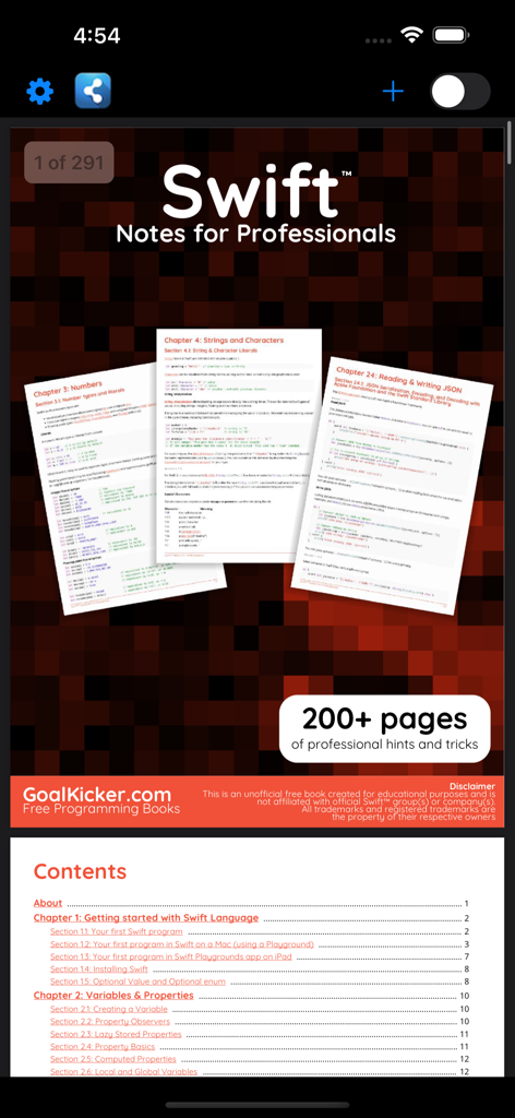 PDF Reader Auto Scroll - Screenshot of the PDF Reader Auto Scroll app interface showing a Swift programming book and its table of contents