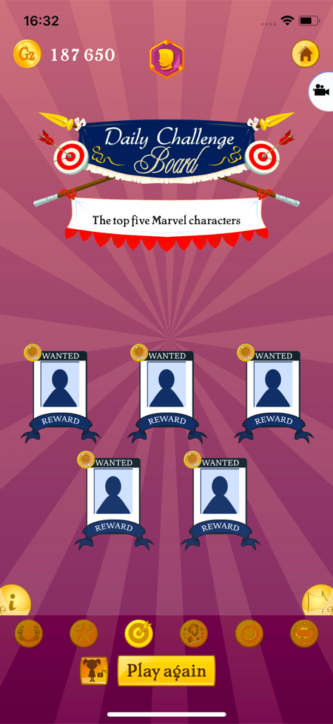 Akinator app daily challenge screen showing five wanted silhouettes for the top five Marvel characters