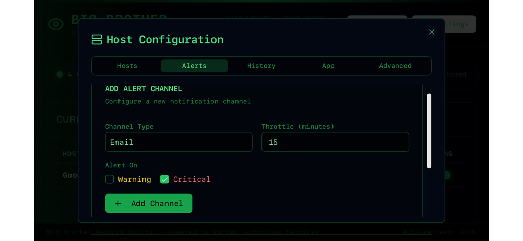 Tela de configuração do host para configurar alertas por e-mail no aplicativo Big Brother Network Monitor