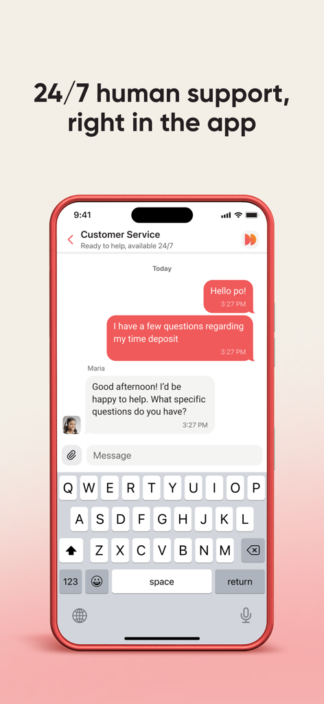 Salmon mobile app screen showing a 24/7 live chat with a human customer service agent.