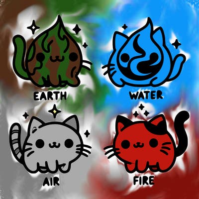 4 cats that represent the different elements, earth, water, air, and fire