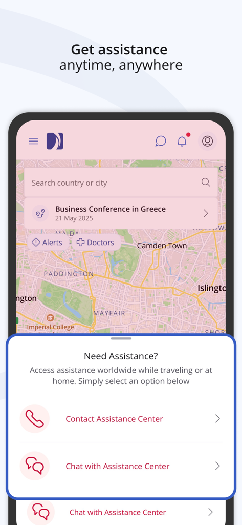 International SOS Assistance app interface showing a map and emergency support options for international travelers