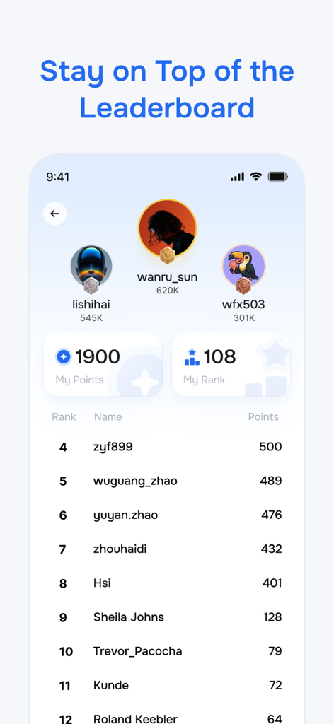 OpenMind AI - Leaderboard screen of the OpenMind AI app showing top ranked contributors and user points.