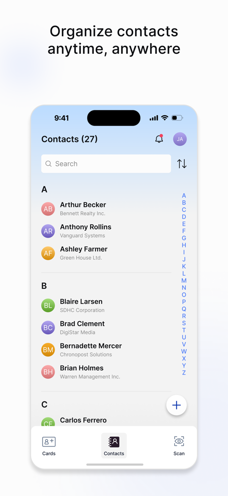 Uniqode: Digital Business Card - A screen showing the digital business card contact list organized alphabetically with a search bar and navigation icons
