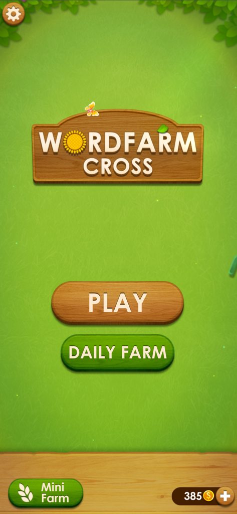 Word Farm Cross - Main menu screen of the Word Farm Cross game featuring Play and Daily Farm buttons on a grassy background.