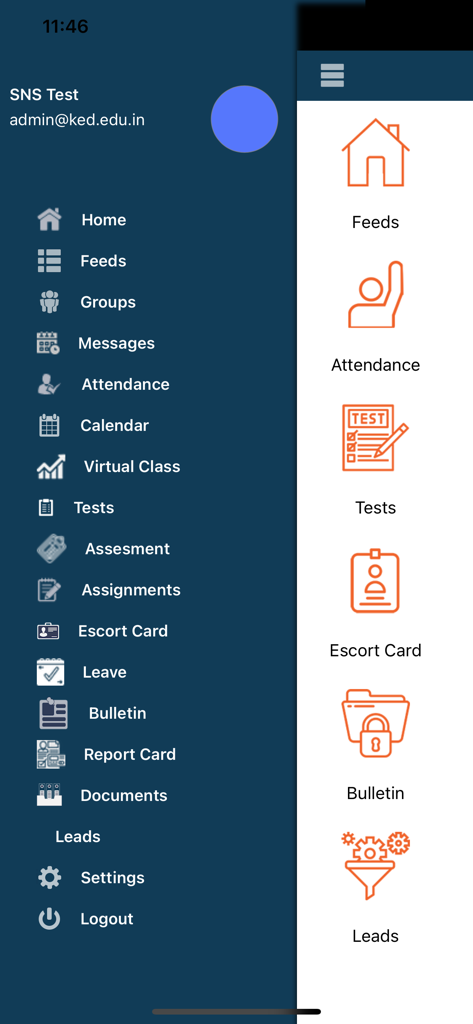 Skolaro - Menu de navegação do app do sistema de gestão escolar Skolaro mostrando recursos como frequência e testes