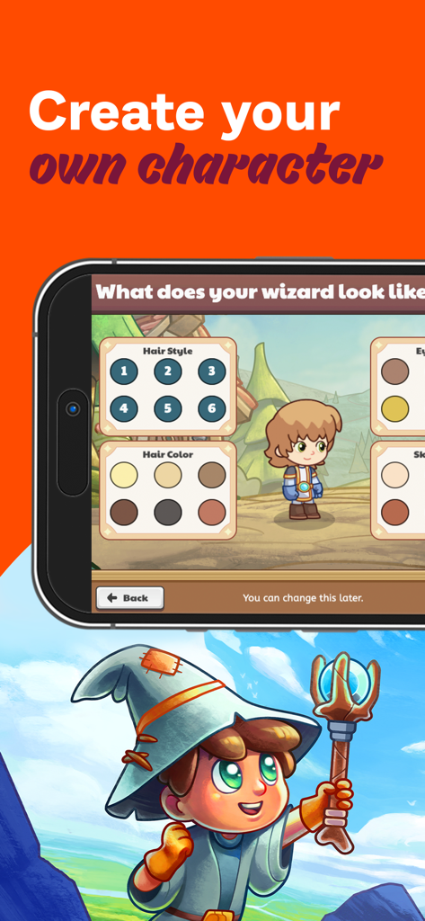 Prodigy Math Game - Interface of the character creator in Prodigy Math Game showing options for hair style and color for a wizard avatar