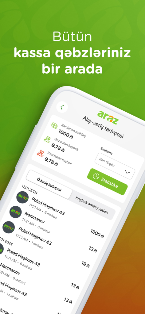 Araz Supermarket - Mobile app interface of Araz Supermarket showing transaction history and cashback details