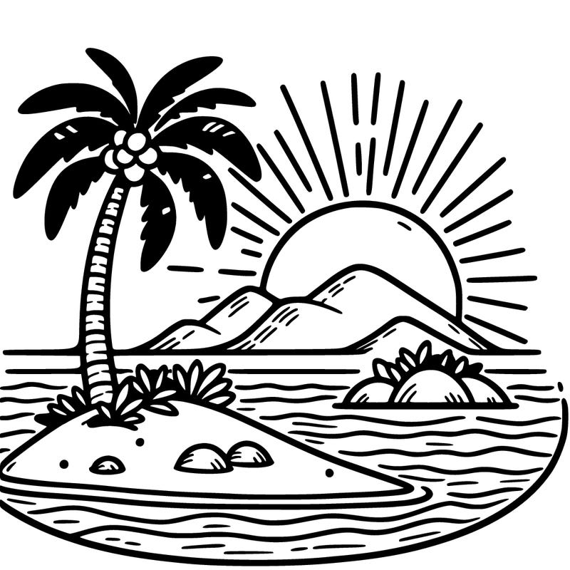 an island with a sunset and a palm tree