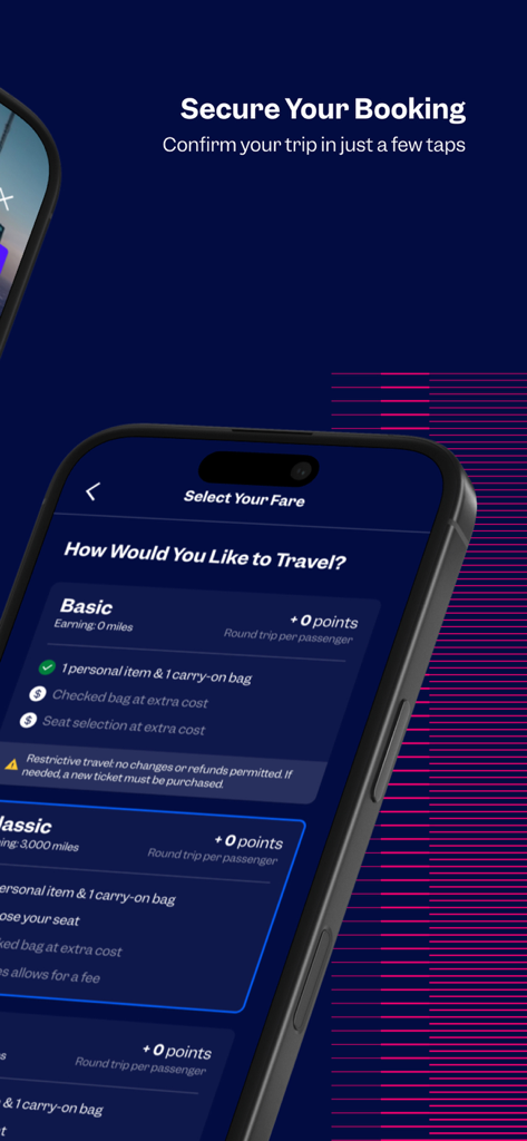 Aeroméxico - Aeromexico app screen showing flight fare options including Basic and Classic categories.