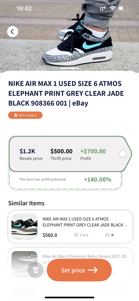 The Thrift AI－Profit Αρρ - Thrift AI app interface showing resale profit calculation and market value for Nike Air Max sneakers