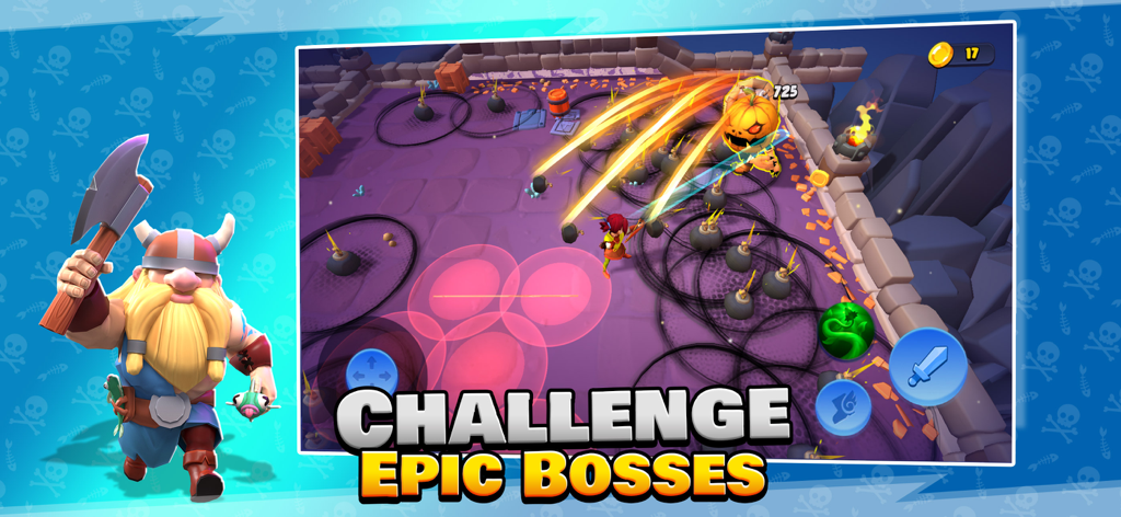 Loot Heroes: Fantasy RPG Games - Captura de tela da jogabilidade de Loot Heroes mostrando um personagem herói lutando contra um grande chefe abóbora em uma masmorra de fantasia.