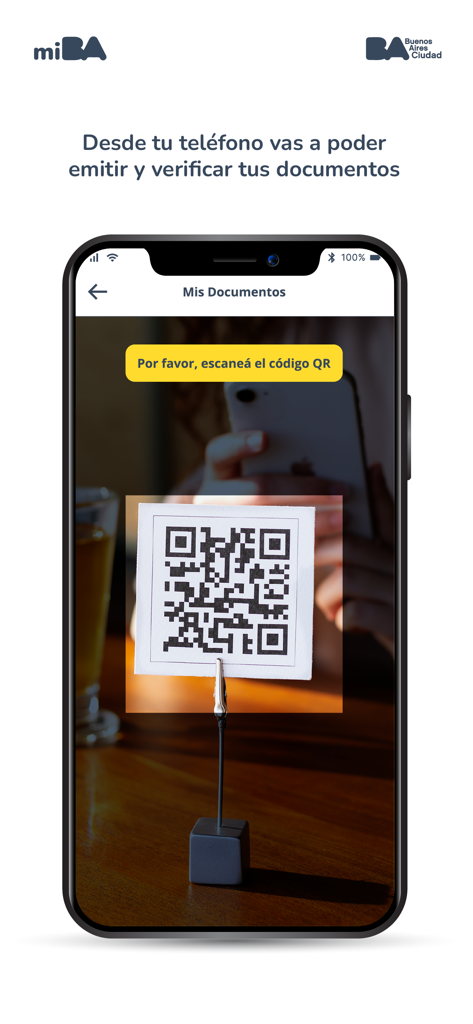 miBA - The miBA app interface showing a smartphone scanning a QR code to verify digital documents.