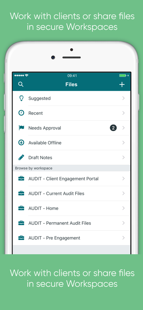 Collab Portal app screen showing files menu and secure audit workspaces