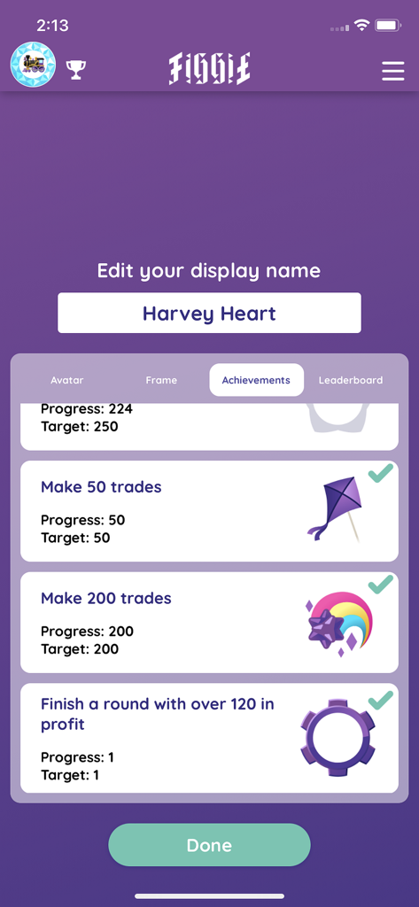 Figgie By Jane Street - Achievements screen in the Figgie trading app showing trading milestones and progress