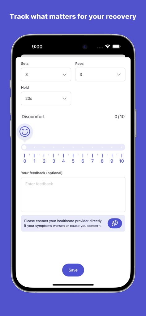 PhysiApp mobile screen showing exercise progress tracking and discomfort level feedback for physical therapy recovery.