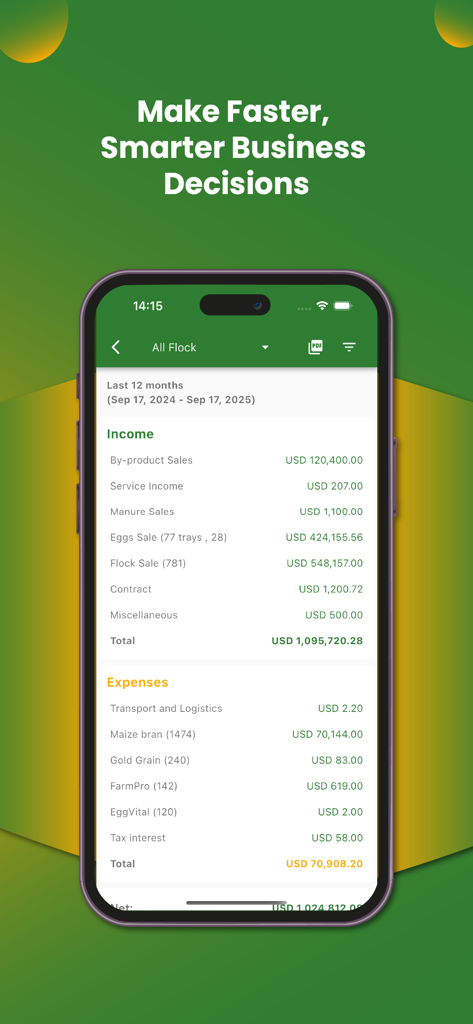 My Poultry Manager - Farm app - Una captura de pantalla de la aplicación My Poultry Manager que muestra un resumen financiero detallado de ingresos y gastos para una operación de granja avícola.