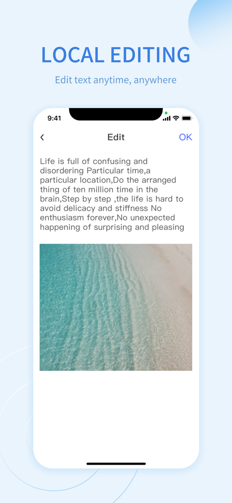A mobile app interface showing the local editing feature for text and images.