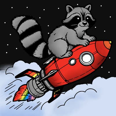realistic raccoon flying on top rocket ship