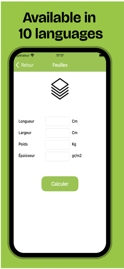 P-Calc - Interface of the P-Calc app showing sheet calculation inputs in French with a banner advertising availability in ten languages