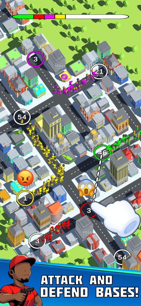 Jugabilidad táctica de Gang.io desde arriba mostrando unidades capturando edificios en un mapa de la ciudad