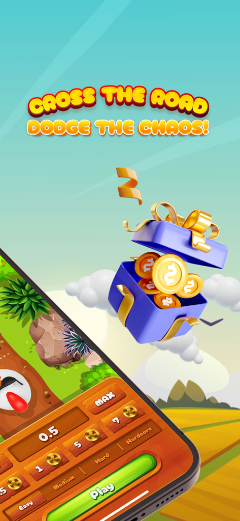 Chicken Road Games - Mobile app interface for Chicken Road Games featuring a gift box with gold coins and difficulty settings.