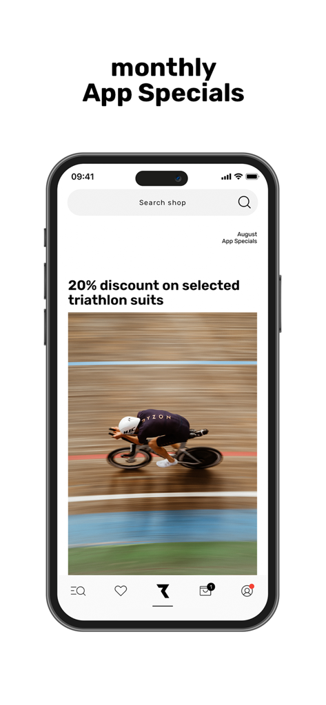 Captura de pantalla de la aplicación de compras Ryzon que muestra una oferta promocional de veinte por ciento de descuento en trajes de triatlón con una imagen de un ciclista en una pista.