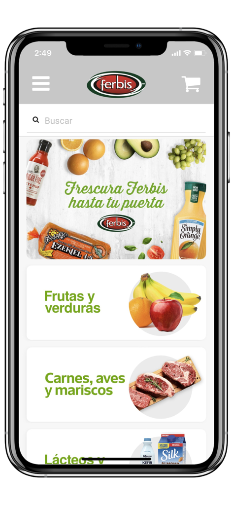 Ferbis - Ferbis mobile app home screen showing food categories like fresh fruits vegetables and meats