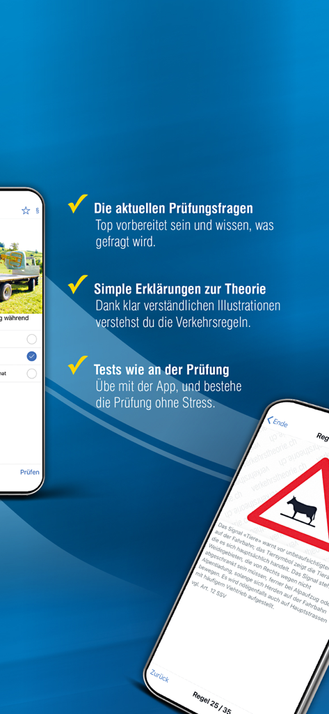 vTheorie Traktor - vTheorie Traktor mobile app screenshot showcasing exam questions theory explanations and practice tests for tractor licensing