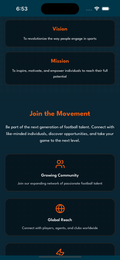 Stadio Social app showing vision mission and networking features for football talent