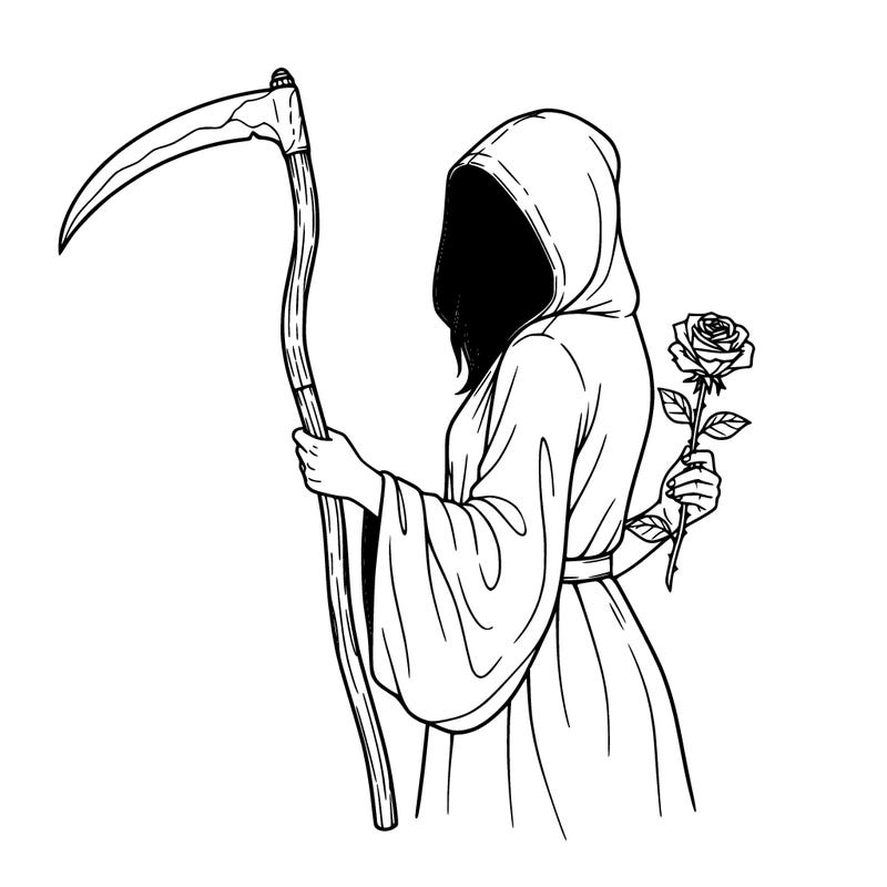 teenage girl with hood over her face and  scythe in her right hand and a rose in her left hand