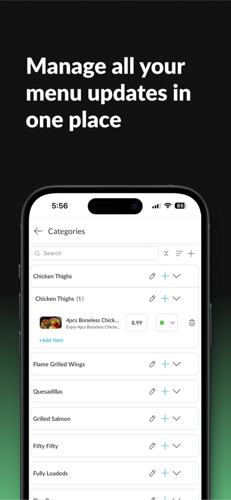 A smartphone screen displaying the My Business Hub app menu management interface with various food categories and price update options