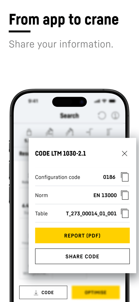 Crane Finder - A popup in the Crane Finder app showing options to share a crane configuration code or generate a PDF report