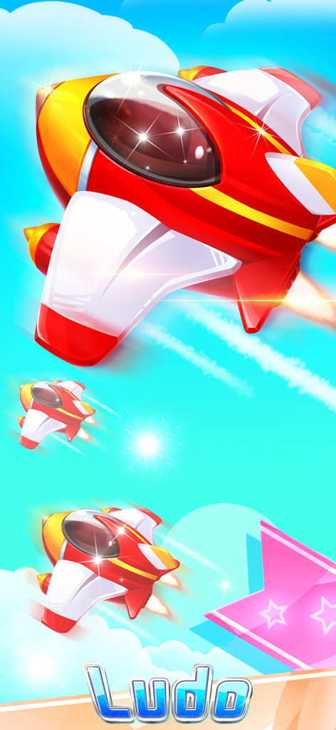 Red and white cartoon airplanes flying through a bright blue sky with clouds above the game title Ludo